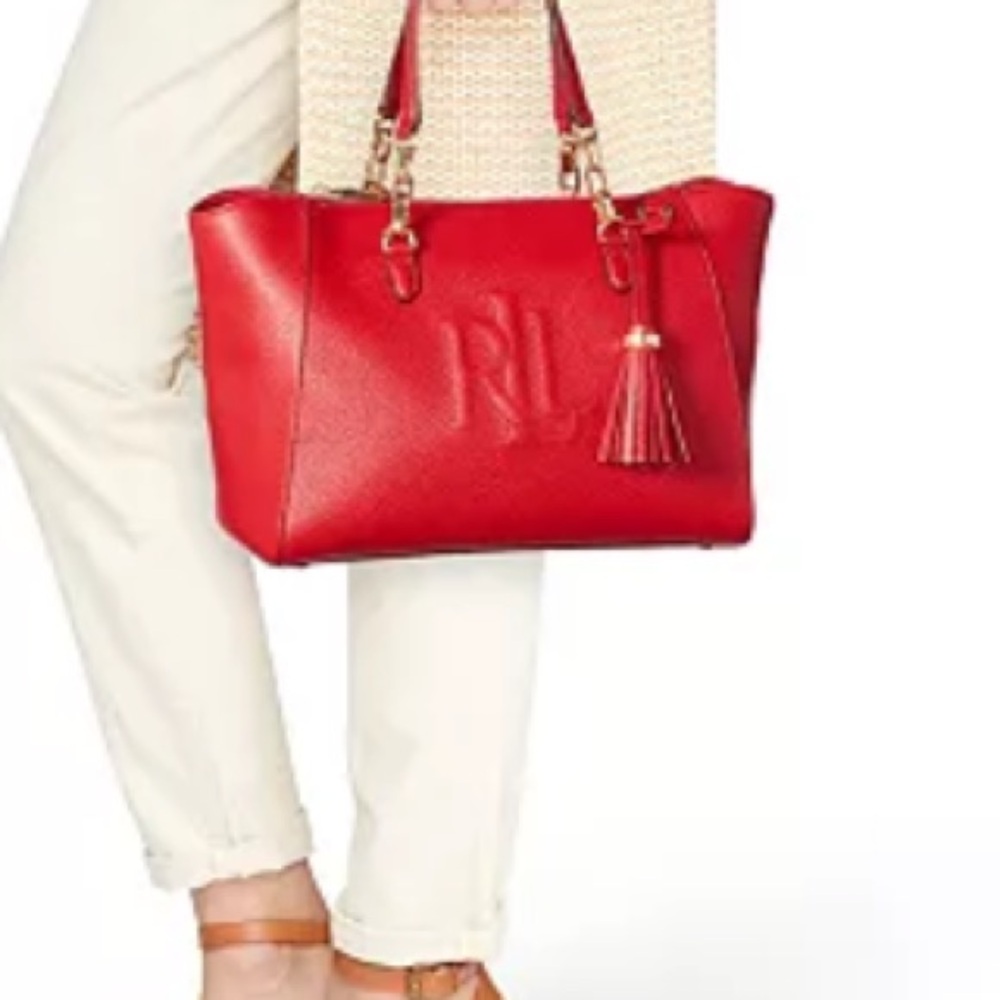 New Lauren Ralph Lauren Leather Satchel Red Stefanie II New Work Laptop
